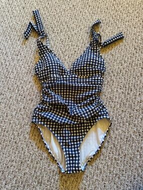 Ellen Tracy Navy and White Gingham One-Piece Swimsuit
